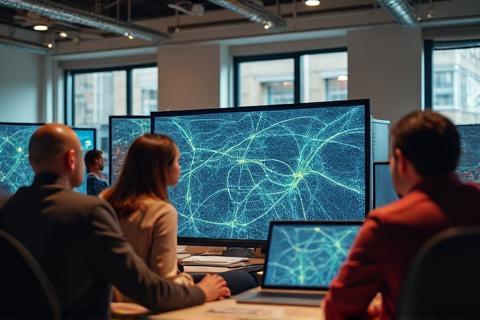 Team collaborating on network maps in office