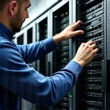 Technicians installing network hardware